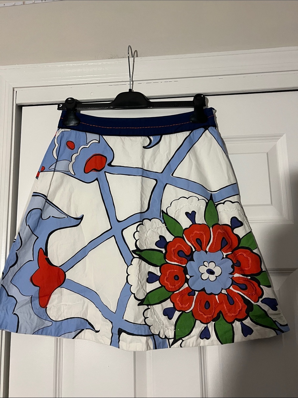 Anthropologie White A-Line Skirt with Red, Blue & Green Floral Motif
